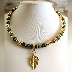 Metal Gold Ball Choker Necklace In Turquoise Blue And Brown With Leaf Pendant